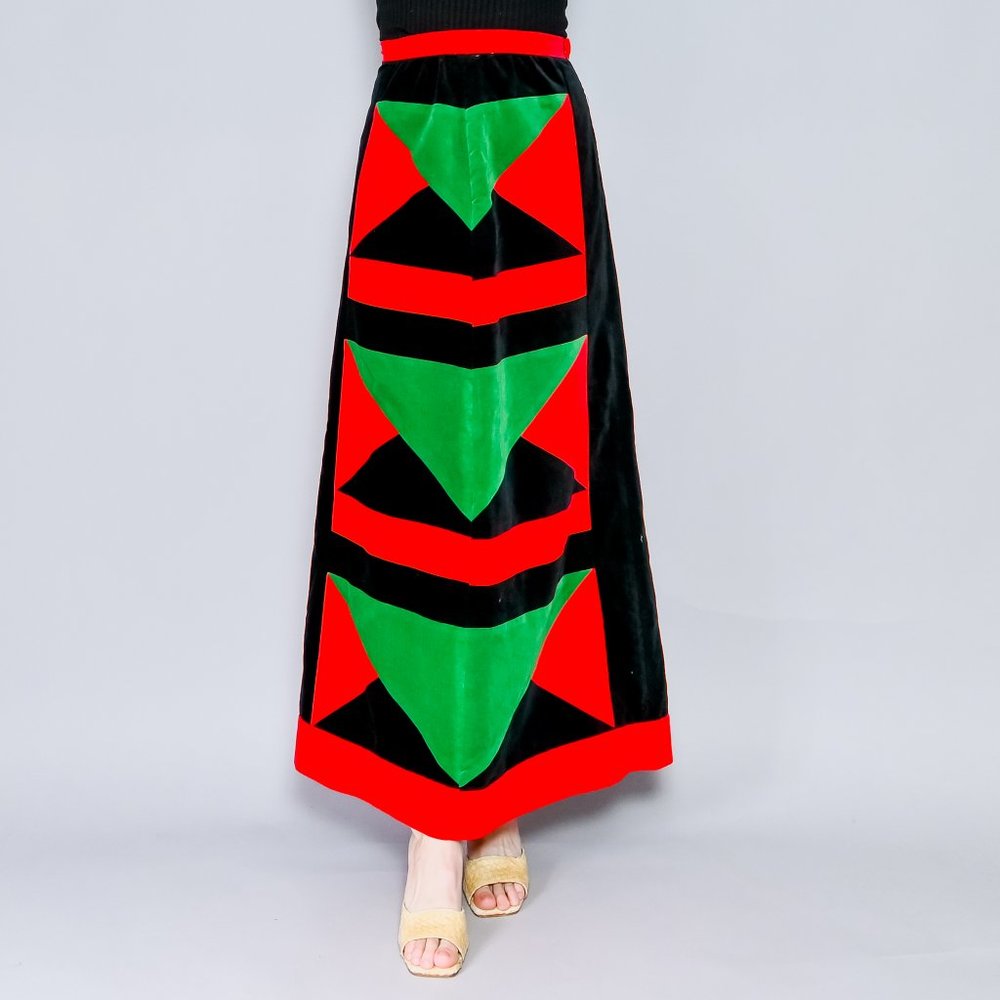 VINTAGE Bergdorf Goodman Mountain Artisans Geometric Velvet Maxi Skirt 70s - Picture 1 of 8
